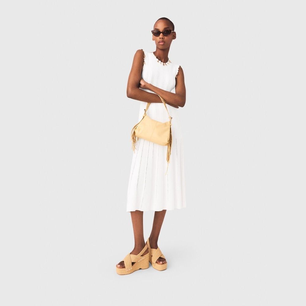 New MAJE White Sleeveless Embellished Knit midi dress with gold jewellery - Picture 15 of 16